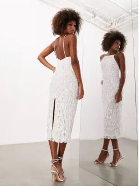 ASOS sequin cut work halter midi wedding dress with low back